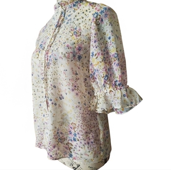 Anthropologie CeCe Floral Sheer Short Sleeve Blouse - Picture 2 of 3